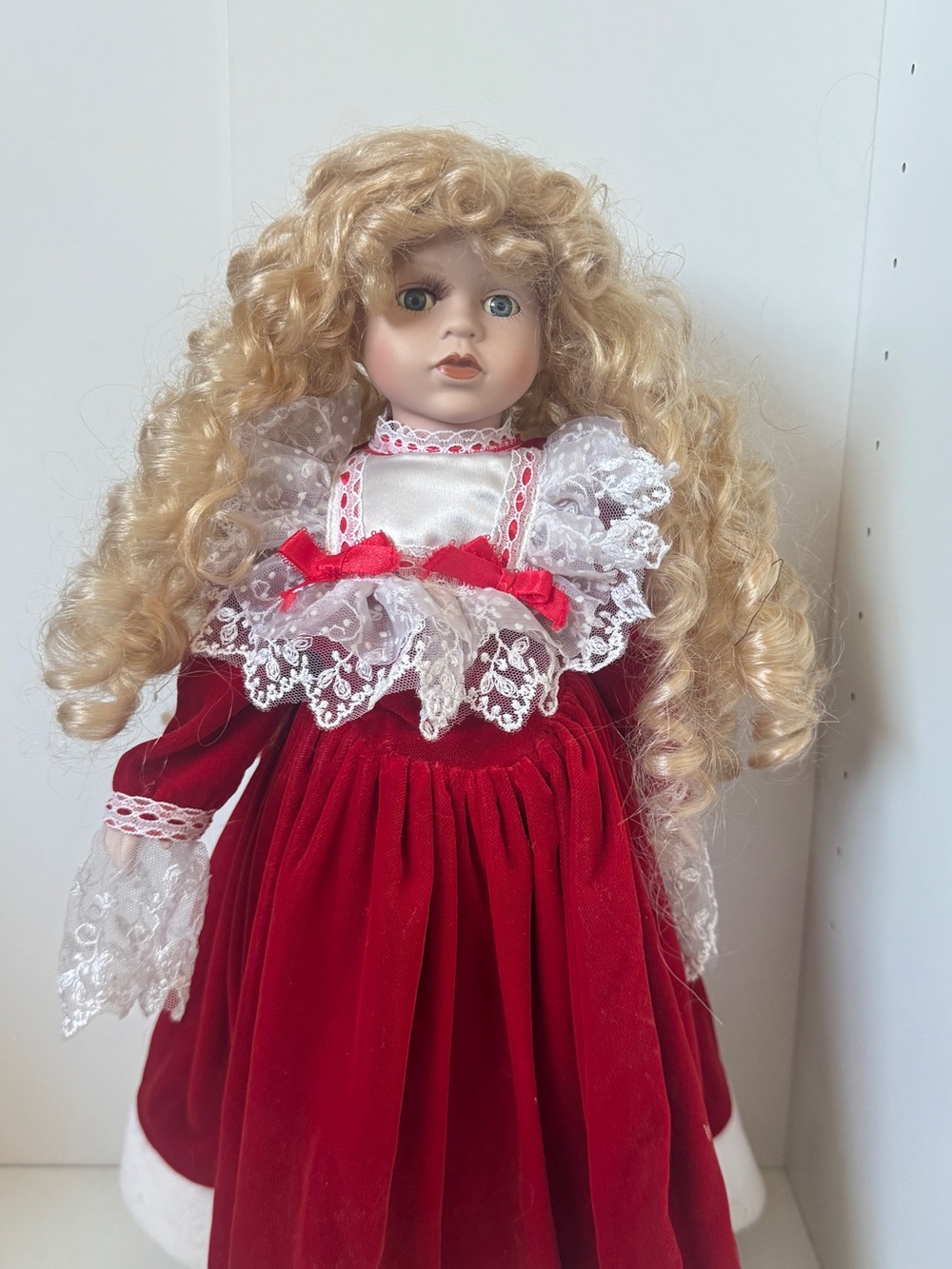 Blonde Curly-Hair Porcelain Style Doll in Red Lace Dress